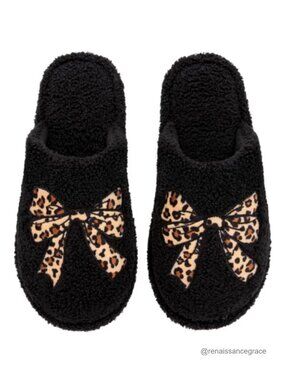 Faux Fur Bow Slip On Indoor House Slippers Comfortable Non-Slip